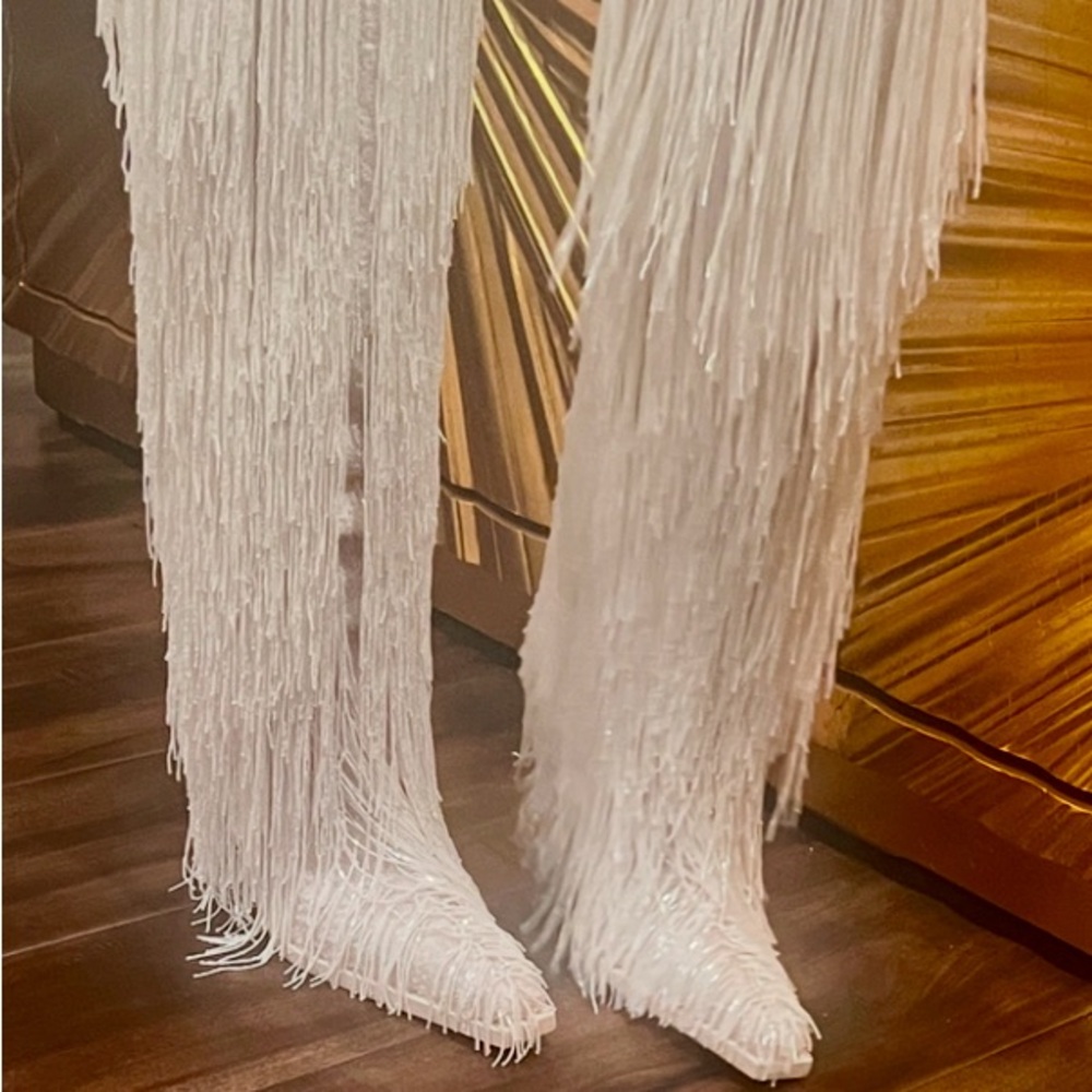 Tom Ford F/W 2020 White Beaded Fringe Western Boots